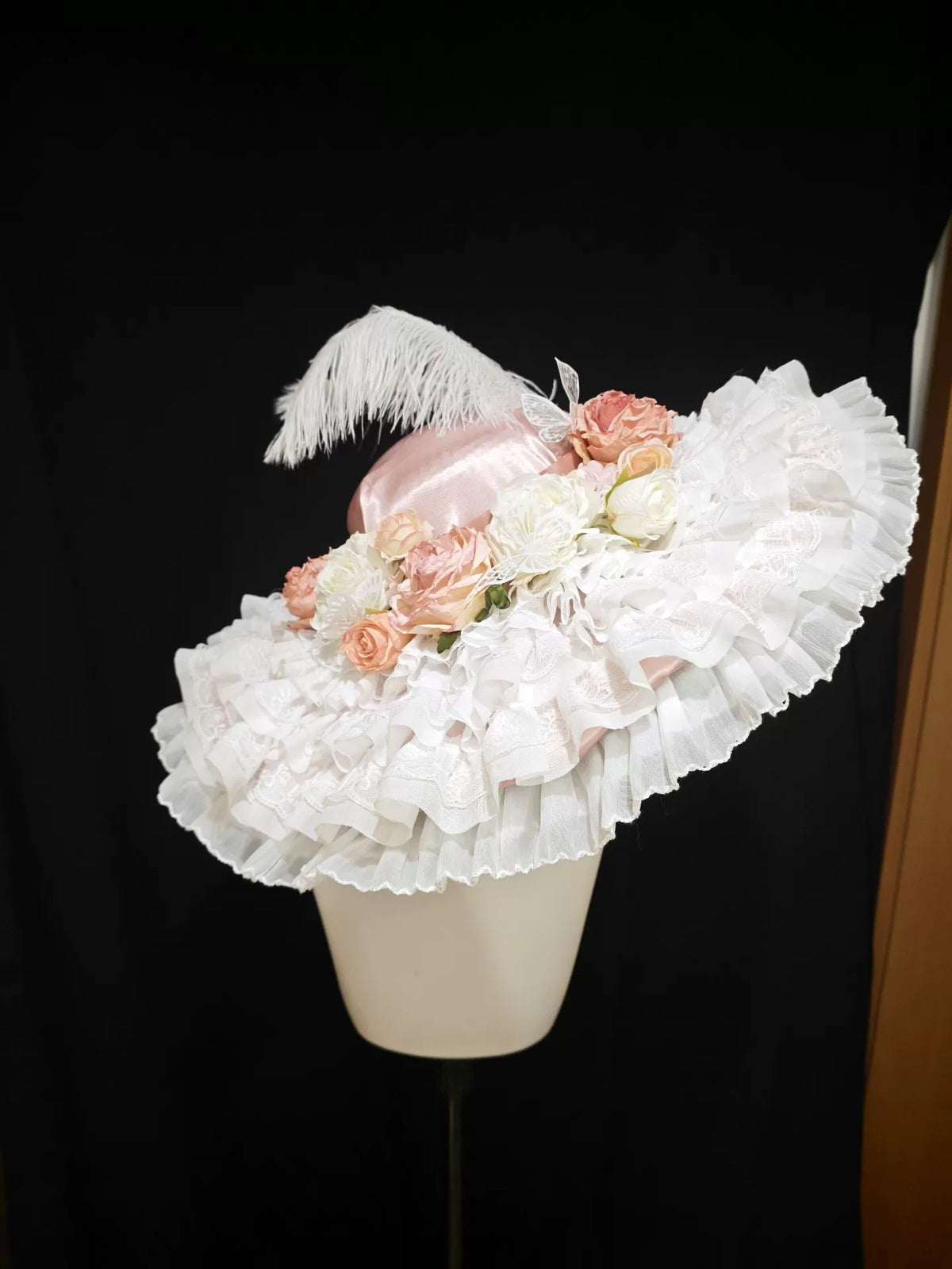 Pink Lace Flower Hat with Feather