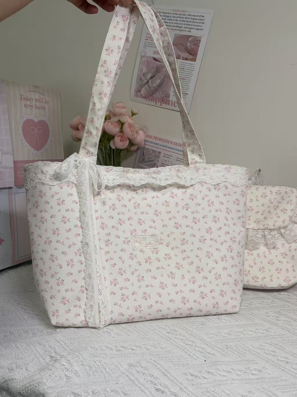 Floral Canvas Tote Bag with Lace Trim