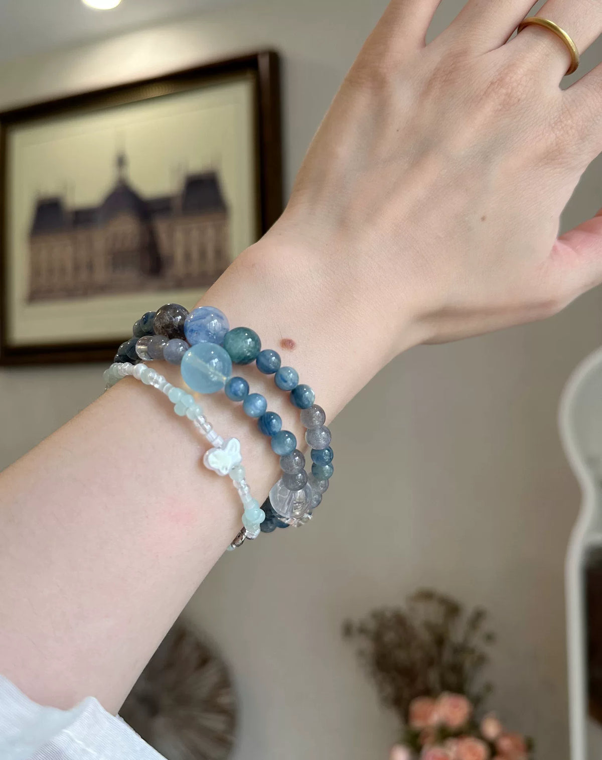 Natural Crystal Double Loop Bracelet Blue Green Moonstone