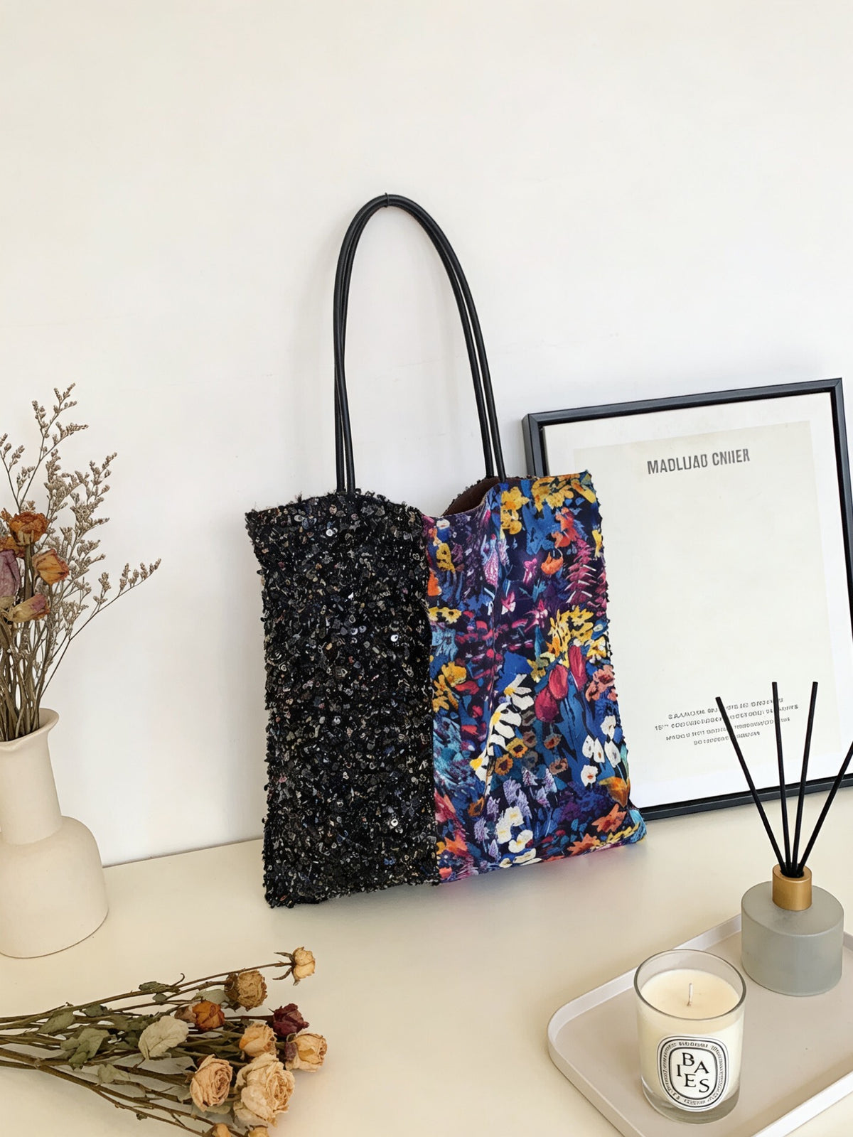 Liberty Tote-bag met bloemenprint en pailletten tweed
