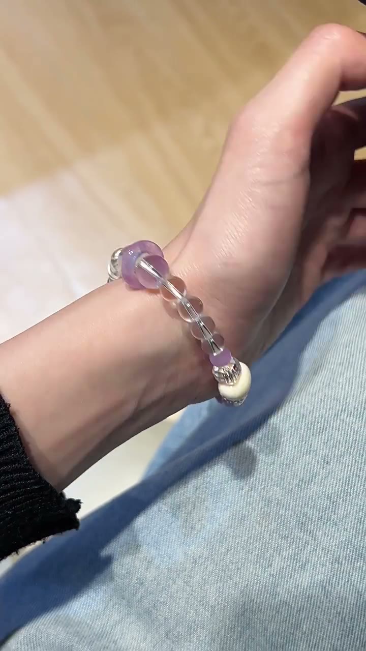 S925 Silver White Crystal Purple Chalcedony Beaded Bracelet