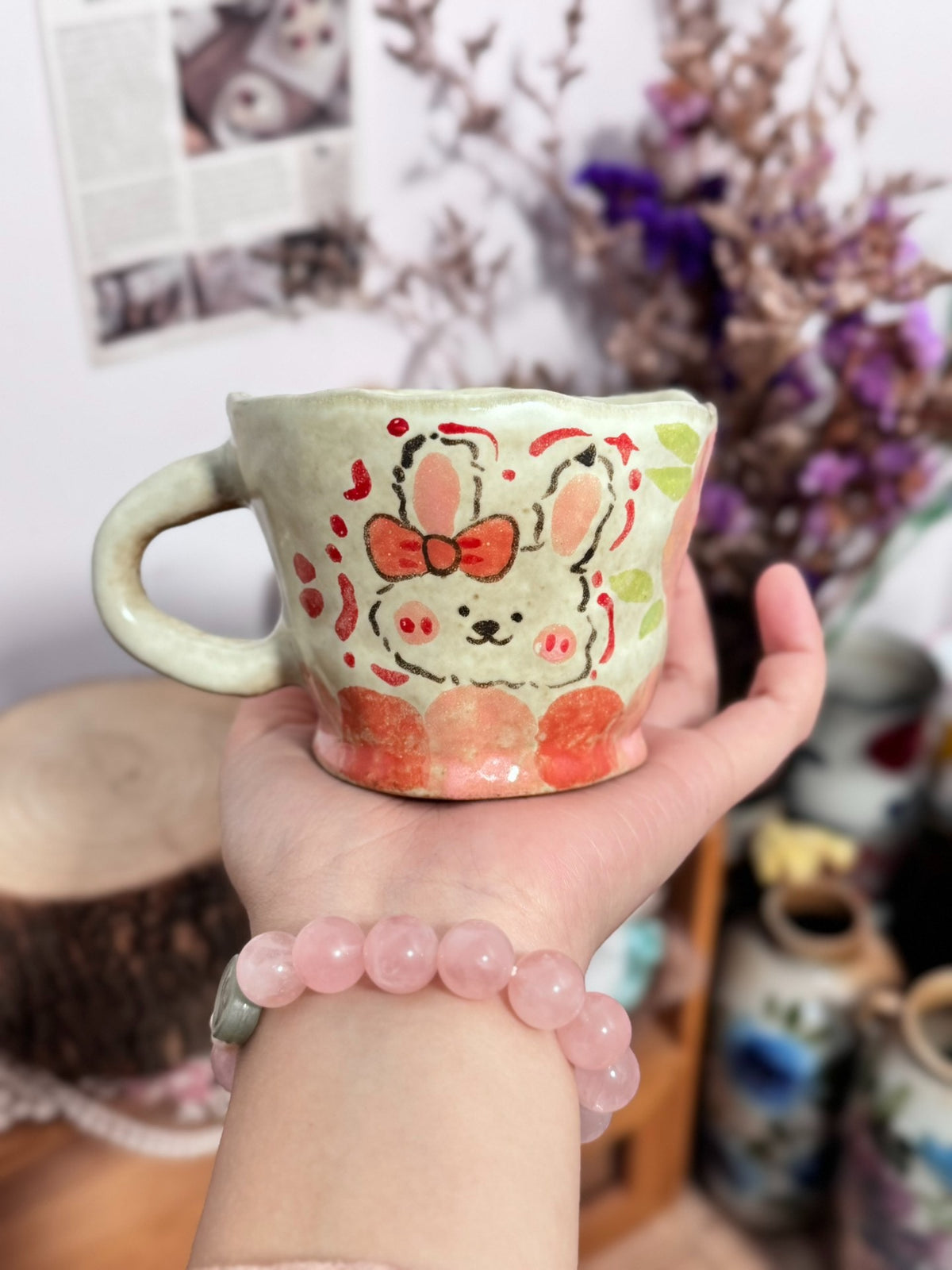 Handcrafted Ceramic Mug Handpainted Rabbit Flowers