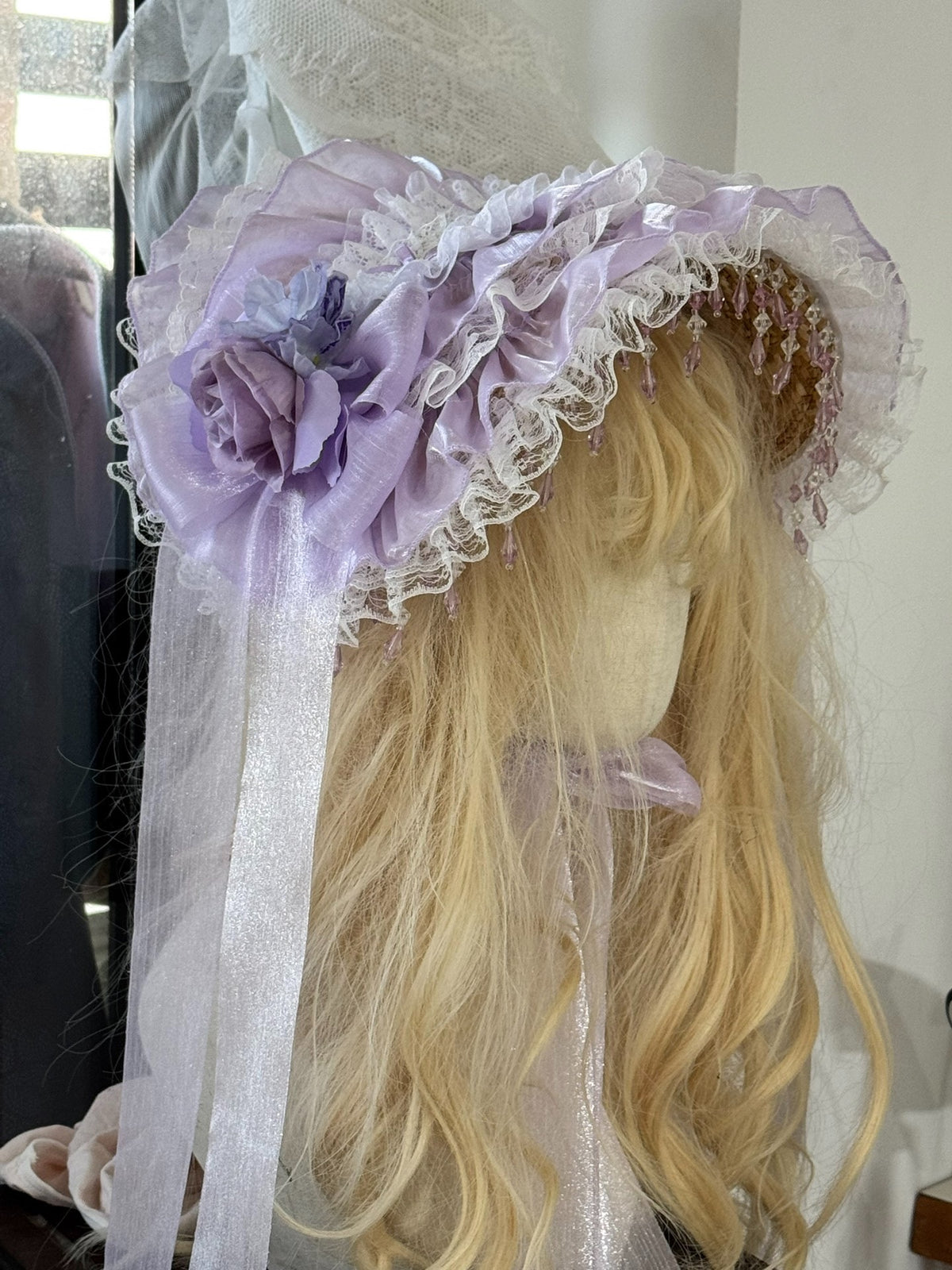 Handmade Lavender Lace Bonnet Straw Hat