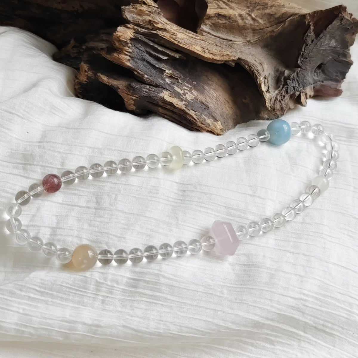 White Crystal Aquamarine Double Loop Beaded Bracelet
