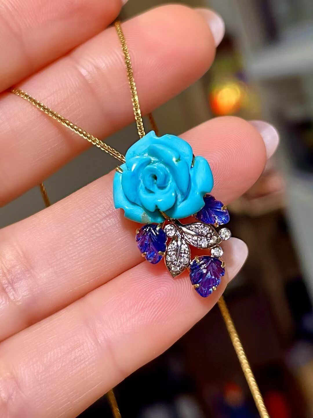 18K Gold Blue Turquoise Rose Carved Pendant with Sapphire Leaves and Diamond Accents