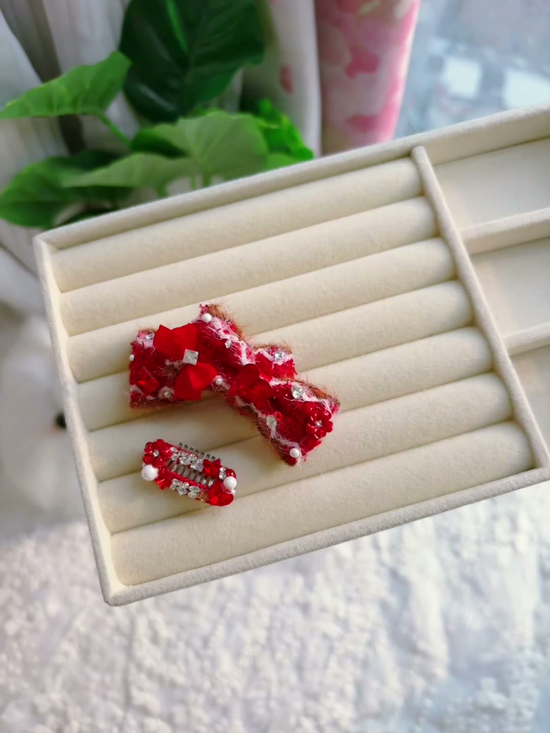 Handmade Red Plush Crystal Pet Hair Clip Set