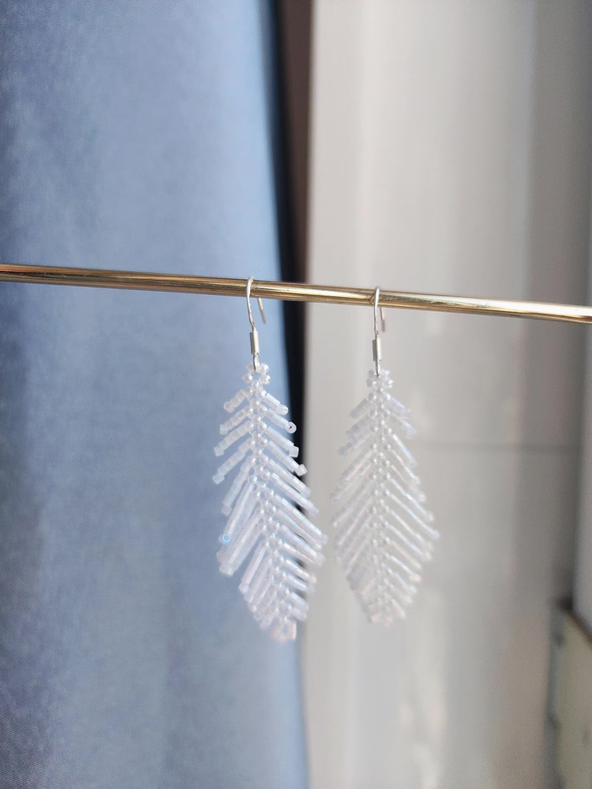 Beaded Feather Dangle Earrings 925 Silver