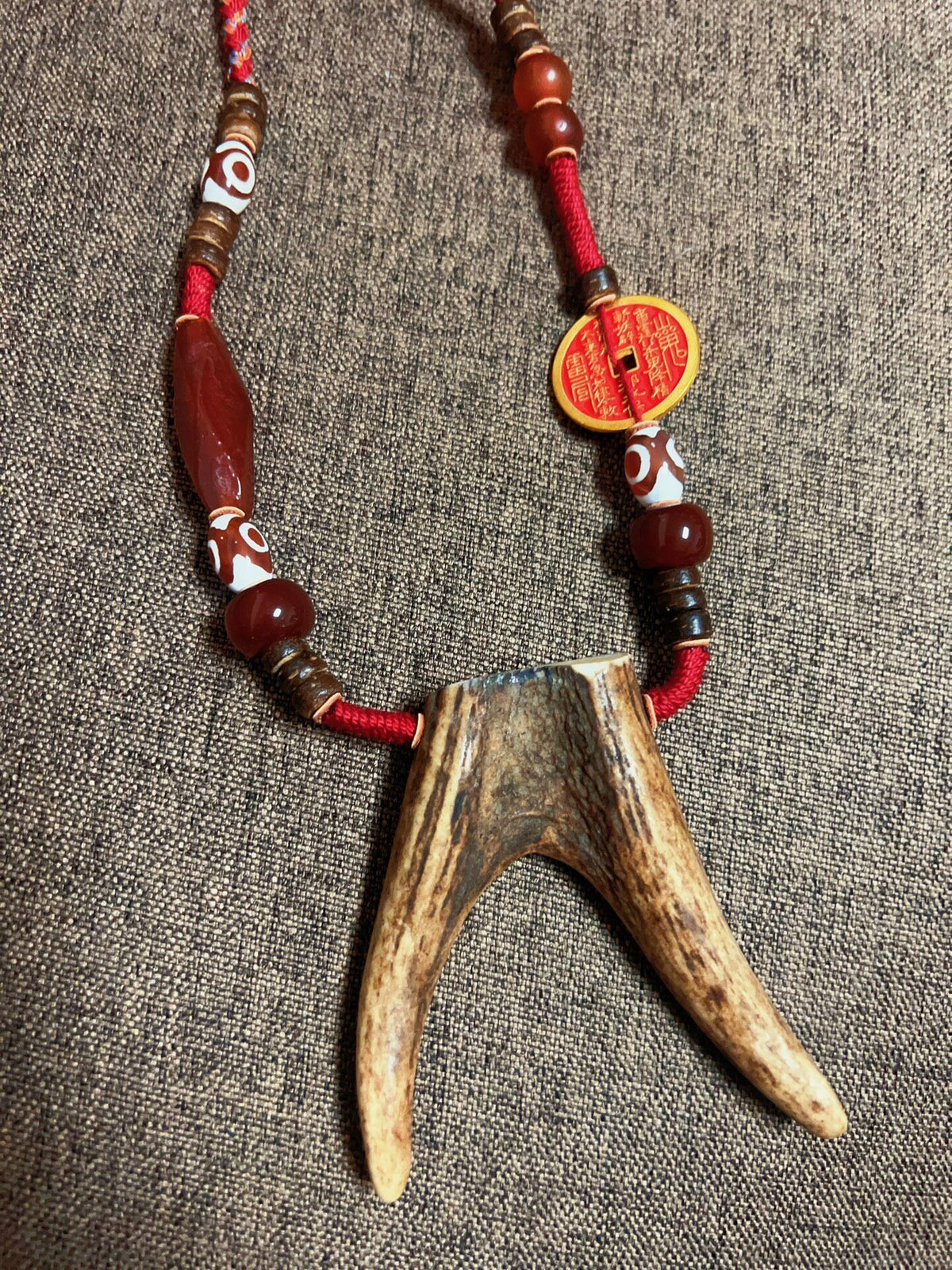 Handcrafted Deer Antler Necklace with Agate Beads