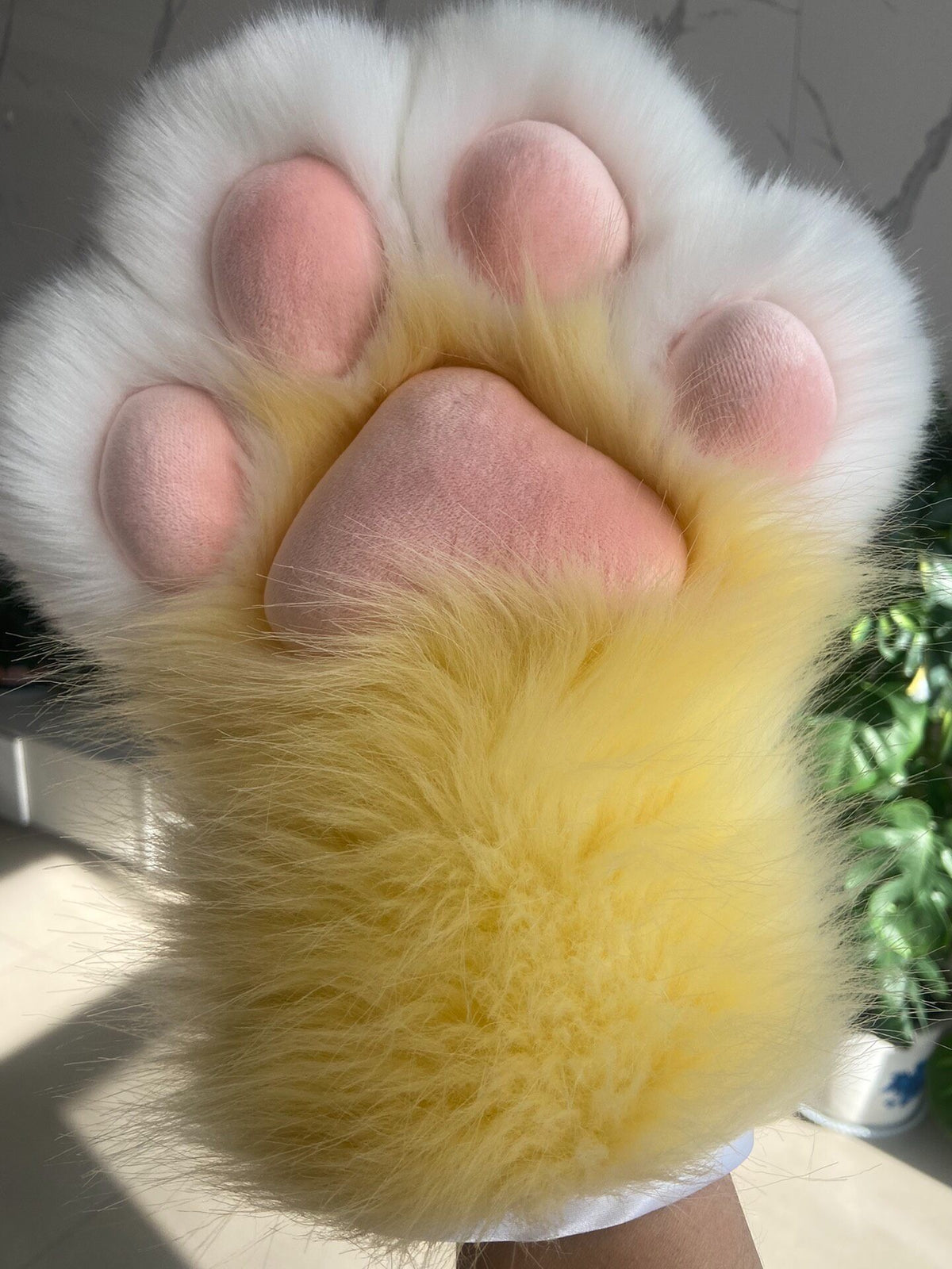 Yellow Furry Animal Paw Gloves