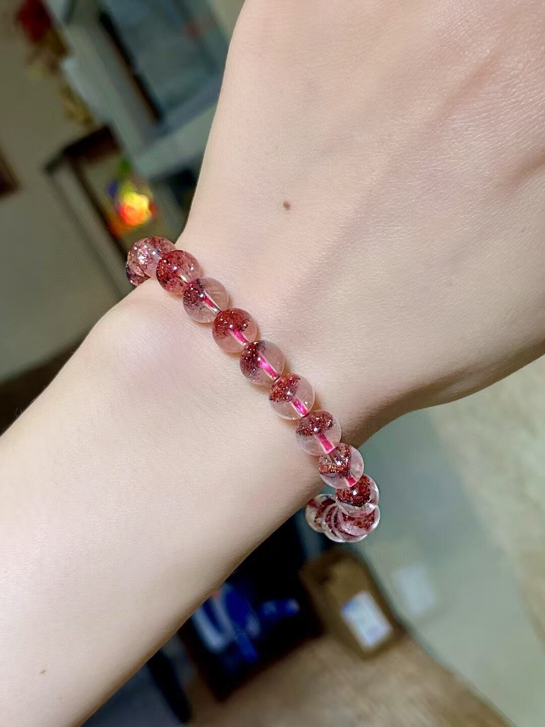 Pyramid Golden Strawberry Crystal Bracelet, 8mm Beads, Clear Crystal with Red Inclusions