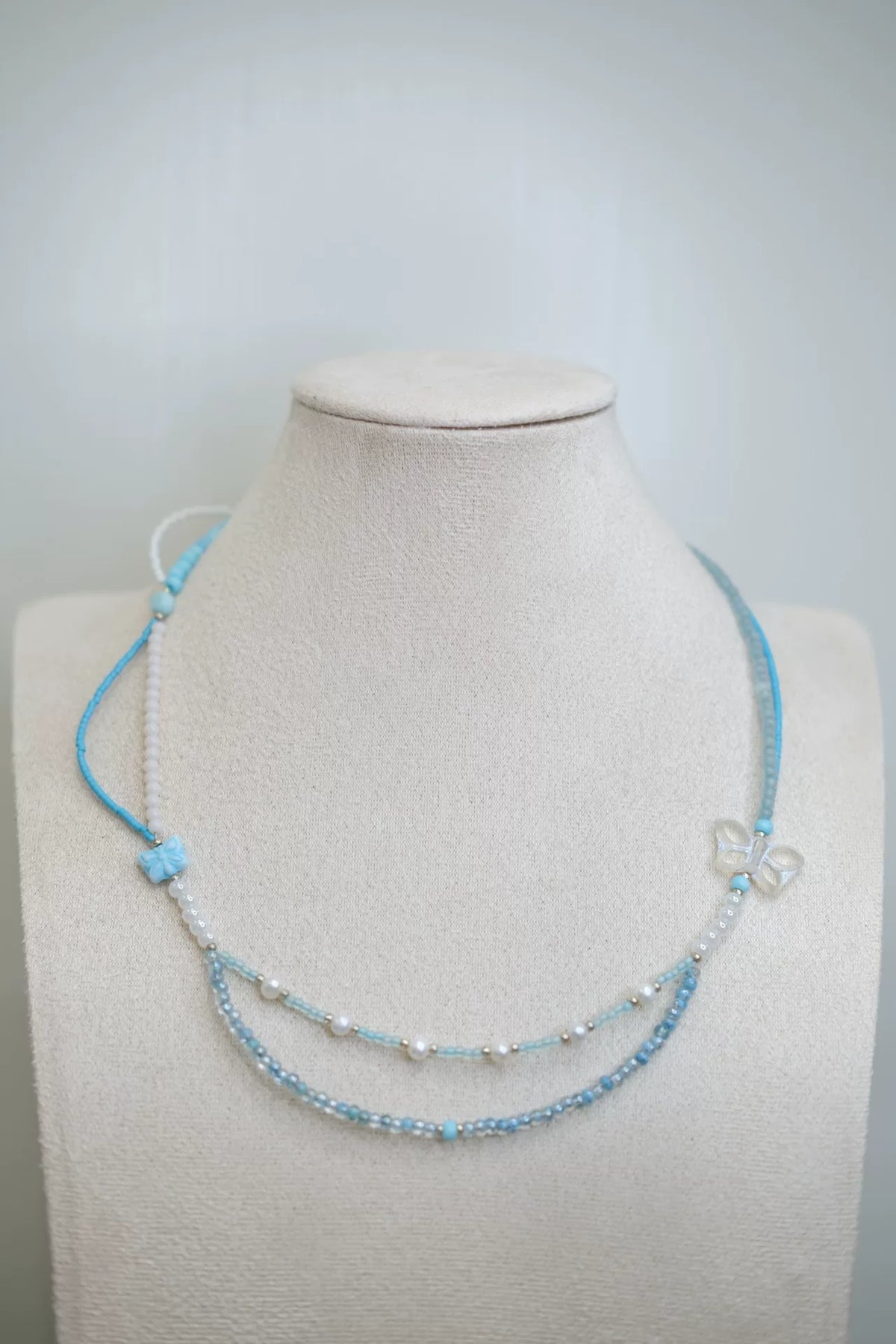 Double Layer Blue Butterfly Beaded Necklace