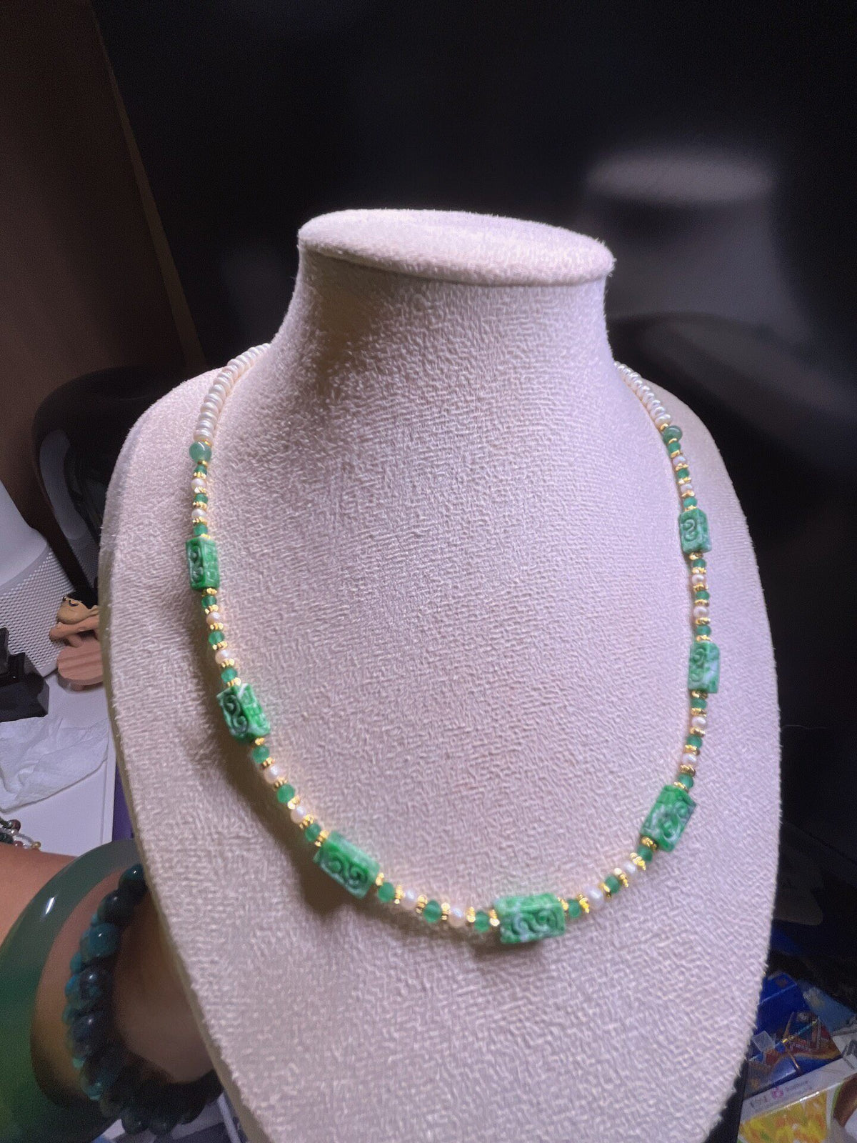 Jadeite Pearl Necklace Carved Beads