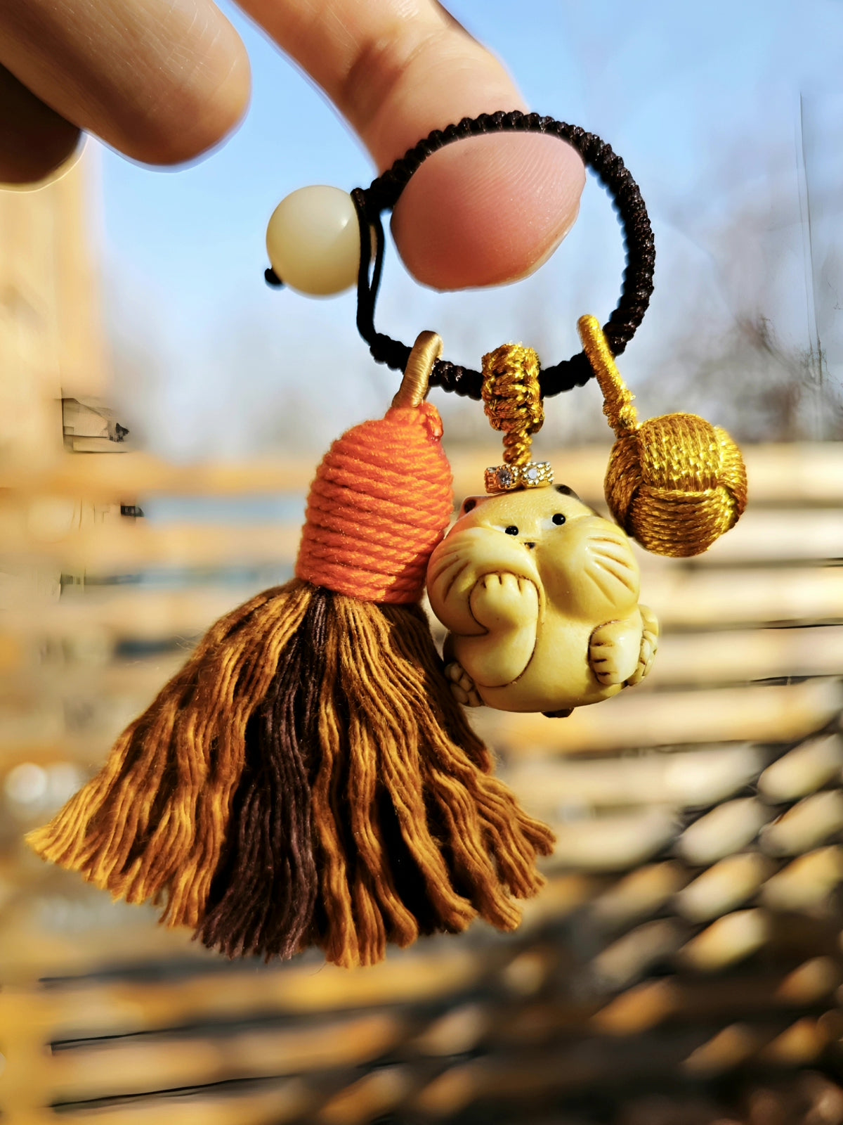 Carved Cat Charm Keychain with Tassel