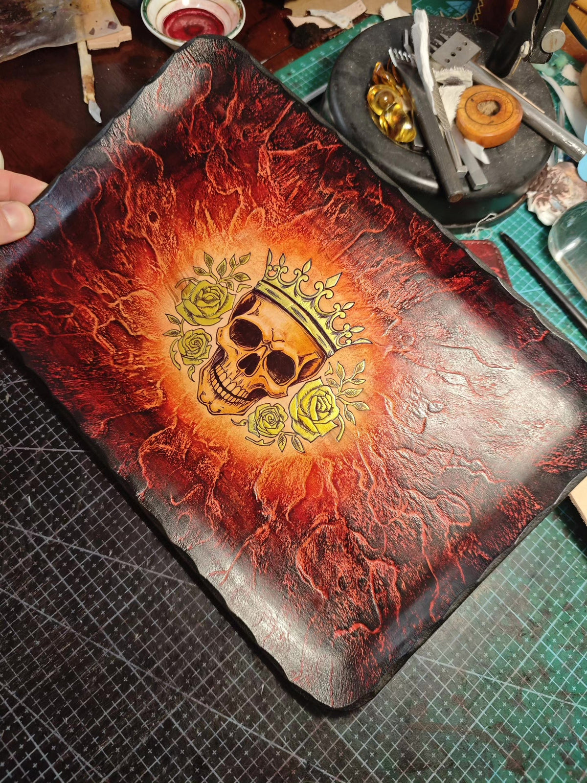 Handcrafted Leather Tray with Skull and Roses Motif