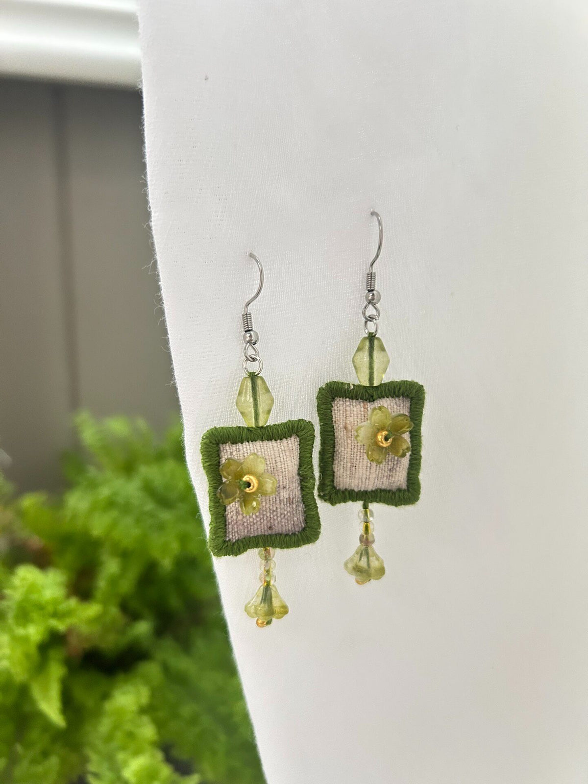Handmade Fabric Earrings with Green Beads