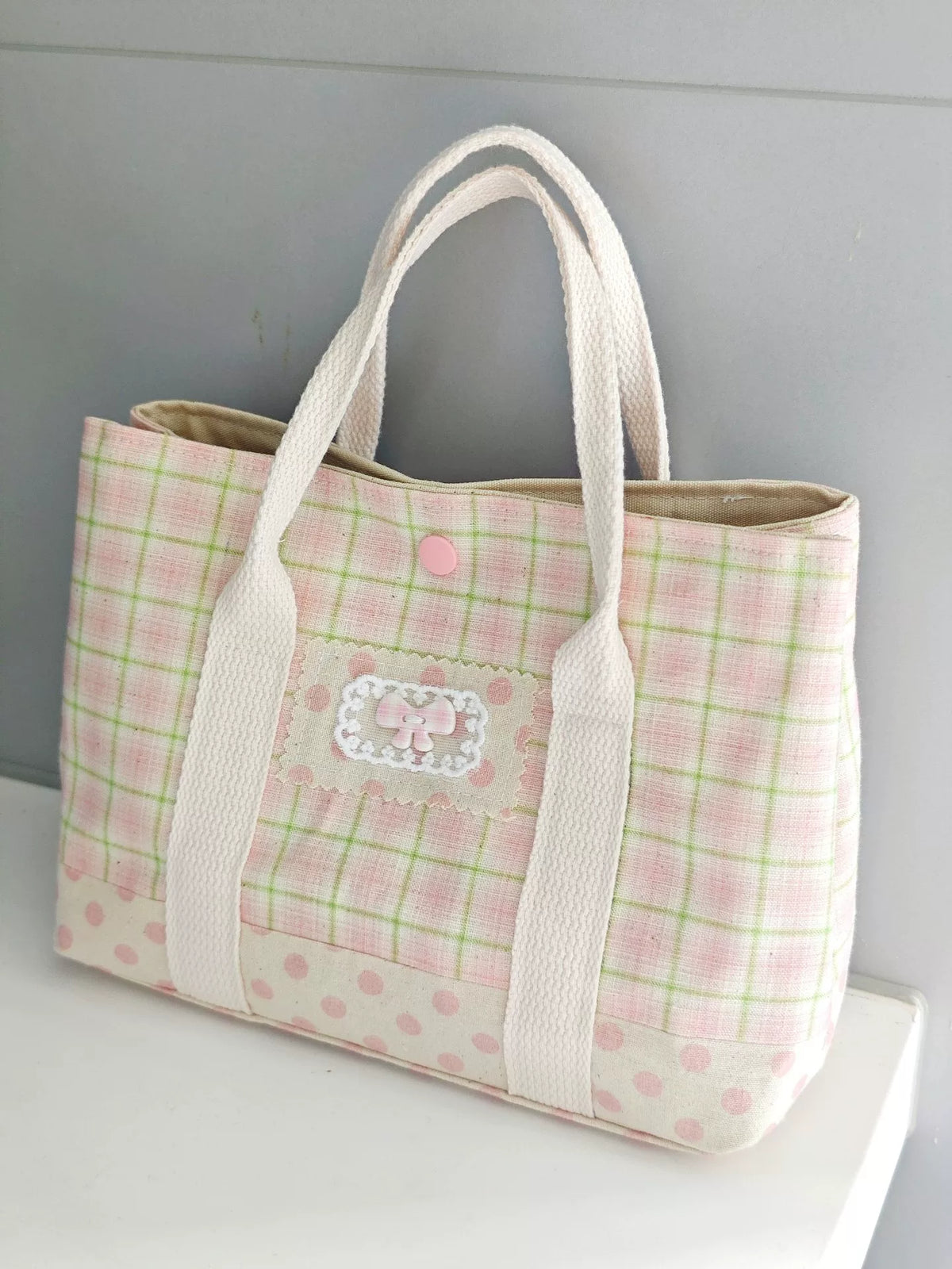 Plaid Polka Dot Structured Tote Handbag