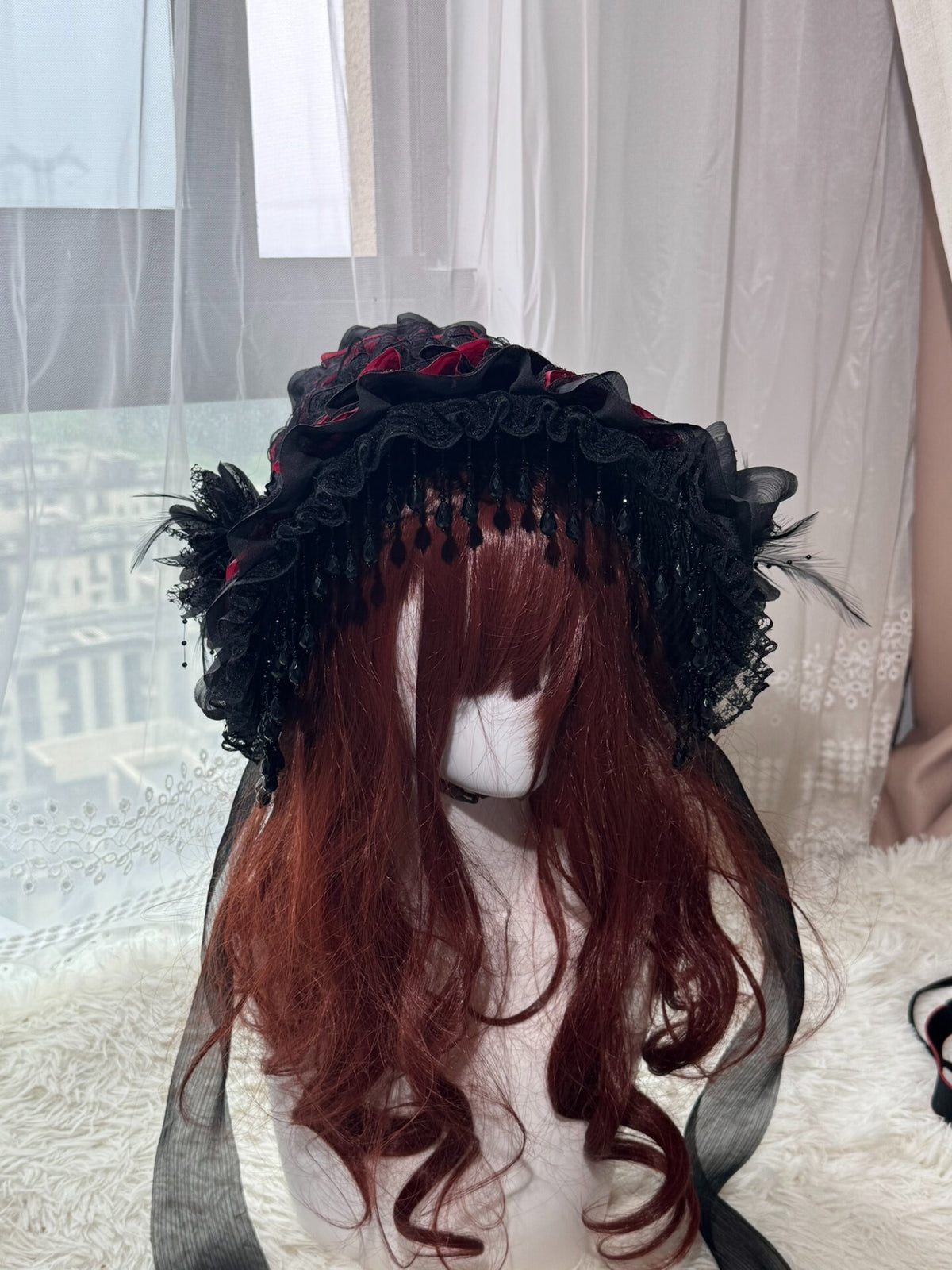 Handcrafted Lolita Flat Hat with Beaded Fringe
