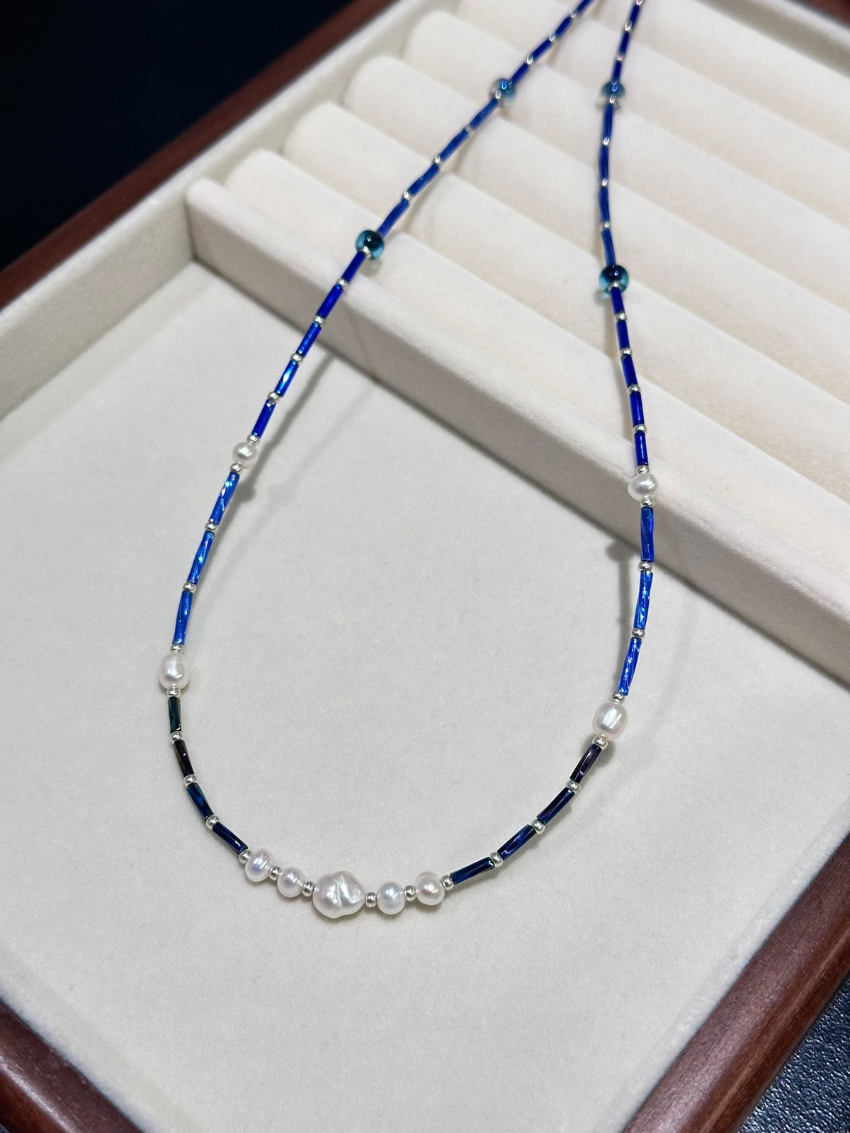Handmade Blue Miyuki Beaded Pearl Necklace