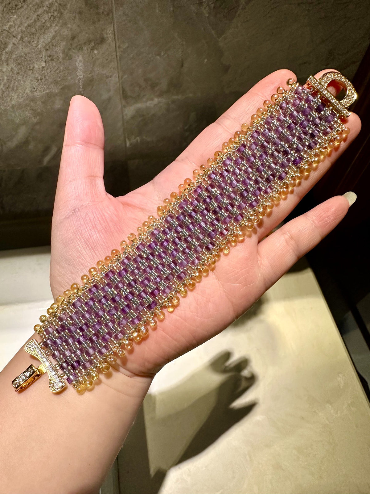Natural Amethyst Beaded Bracelet with Crystal Clasp