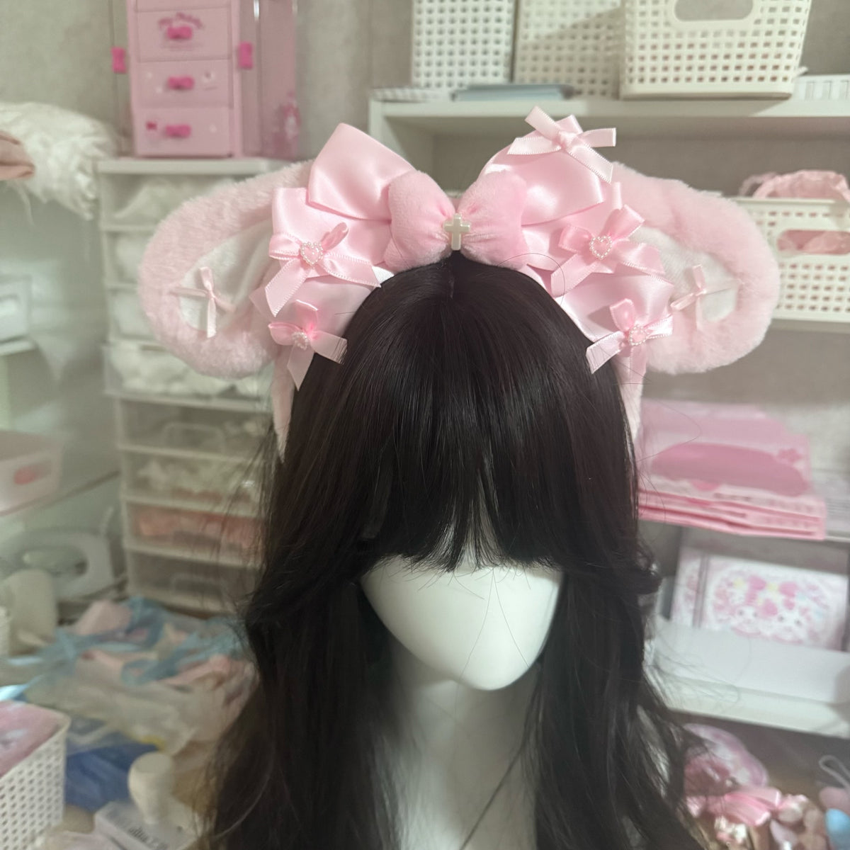 Pink Plush Bunny Ear Bow Headband