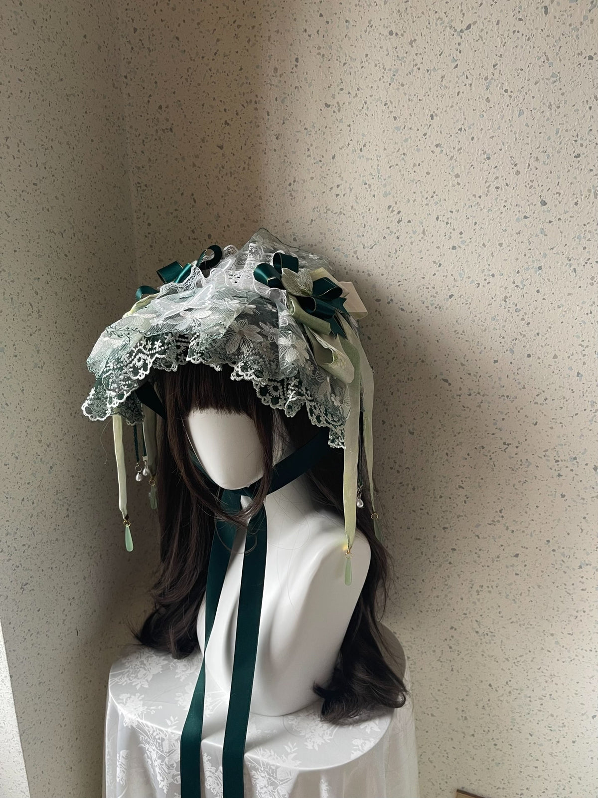 Lolita Green Blue Lace Flat Bonnet Hat