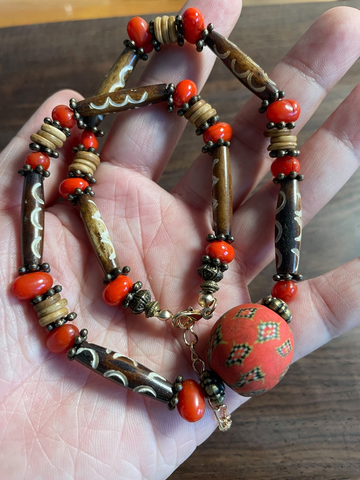 Bohemian Bone and Red Glass Bead Necklace