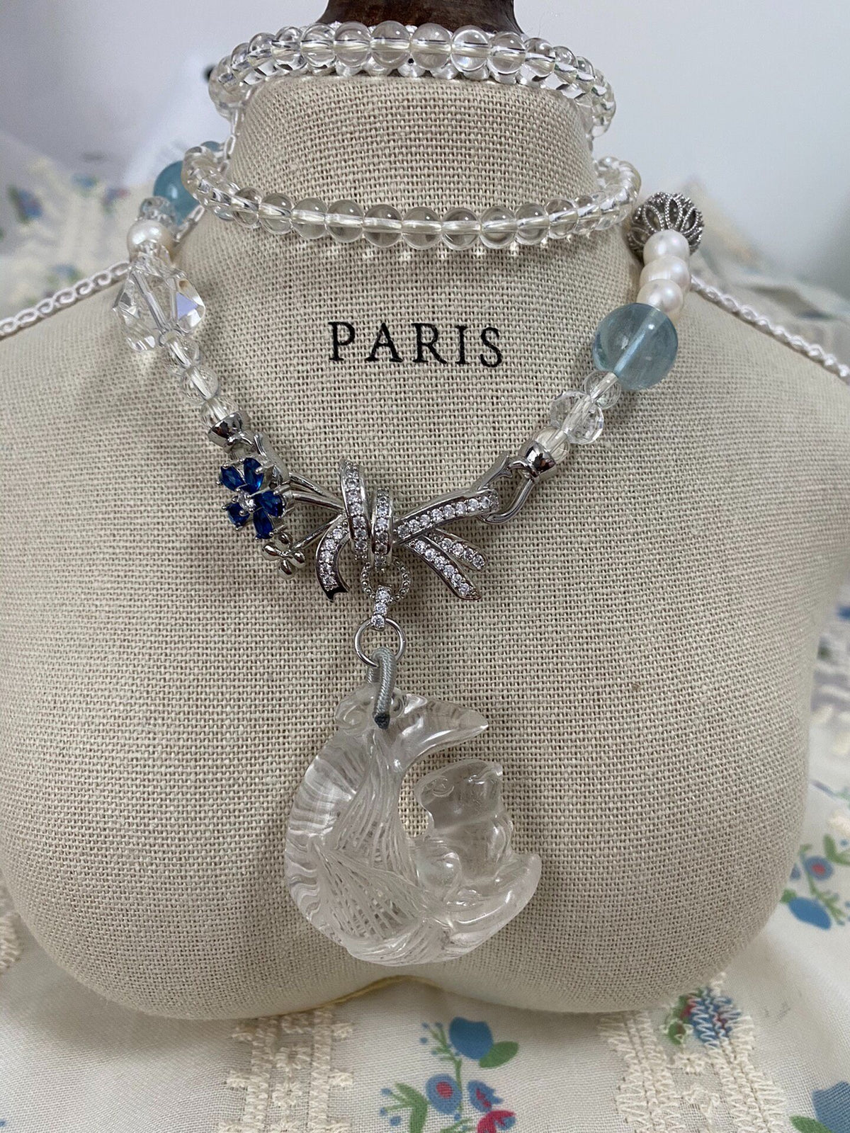 White Crystal Fox Necklace Pendant
