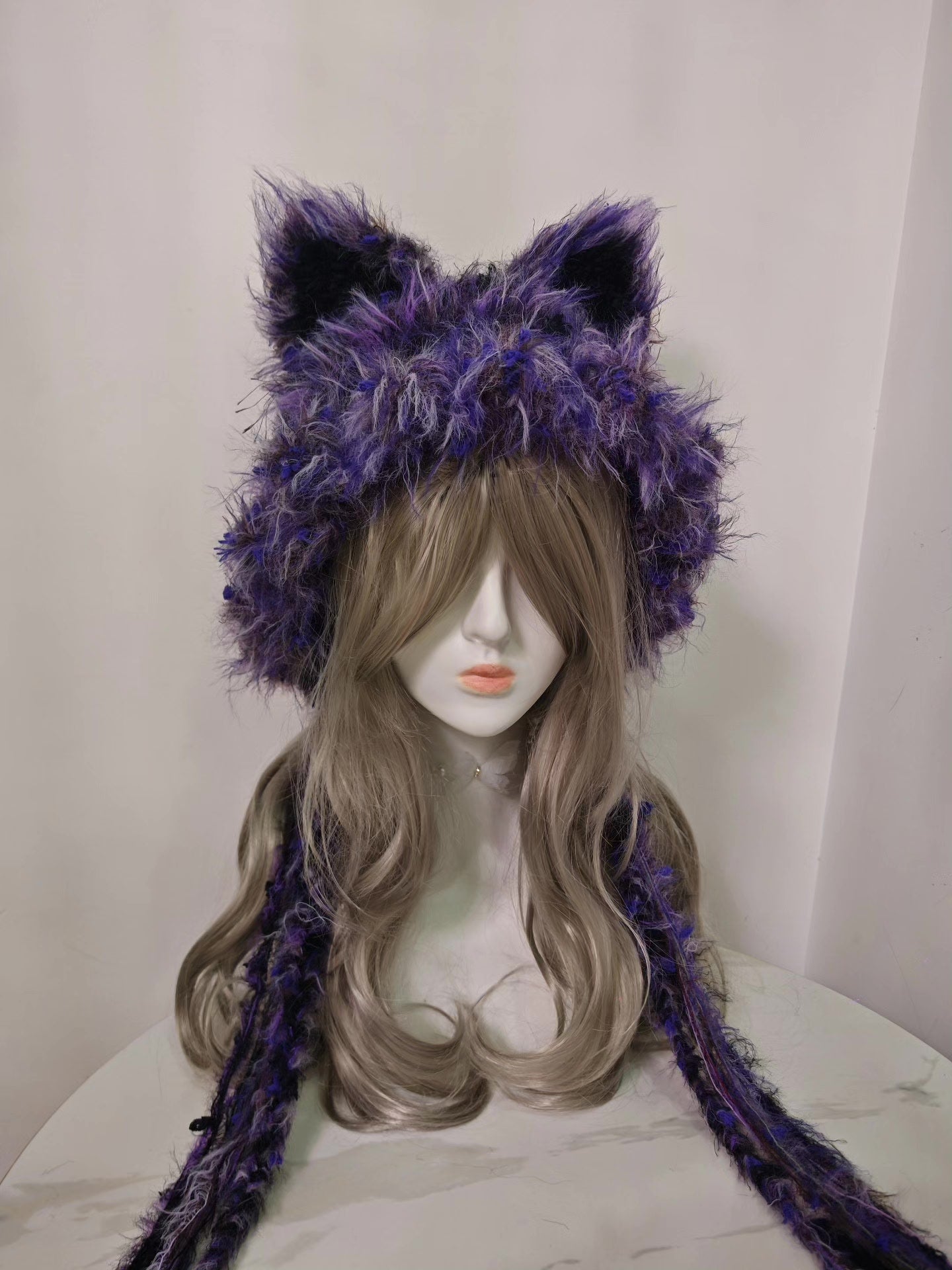 Enchanting Black-Purple Fox Hat with Lifelike Ears and Dangling Strands