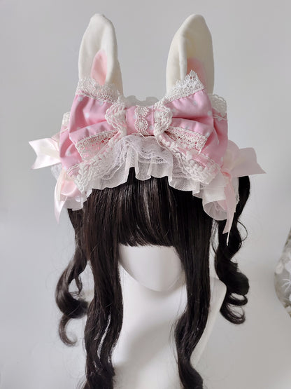 Pink and White Lolita Rabbit Ear Headband with Polka Dot Bow