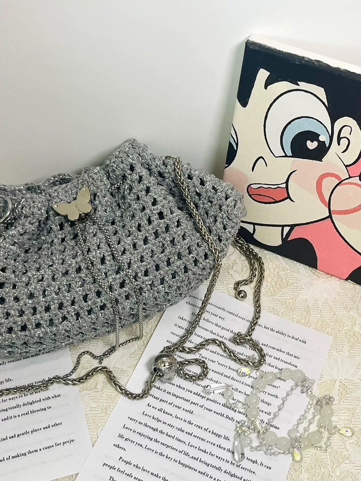 Pochette all'Uncinetto con Farfalla e Filato Argentato