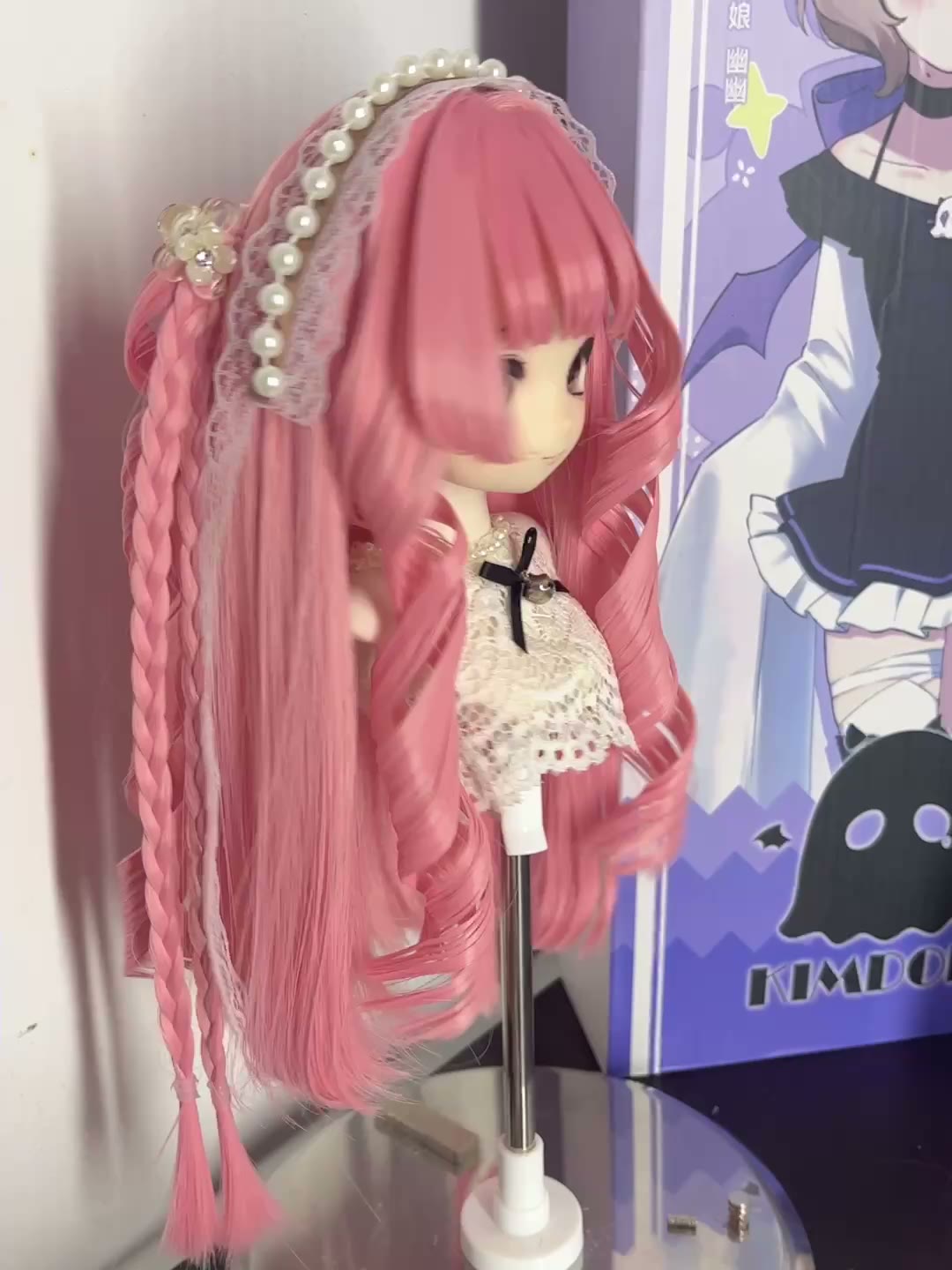 Doll Wig Pastel Pink Long Curly