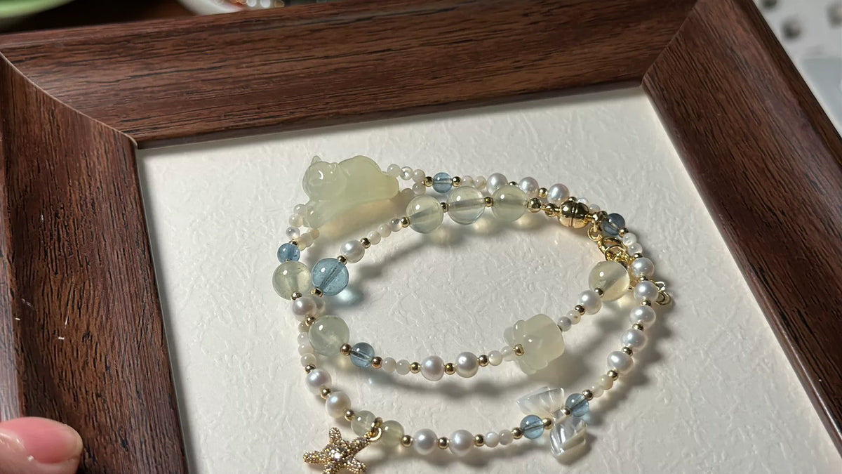 Xiuyan Jade Cat Pearl Double Layer Bracelet