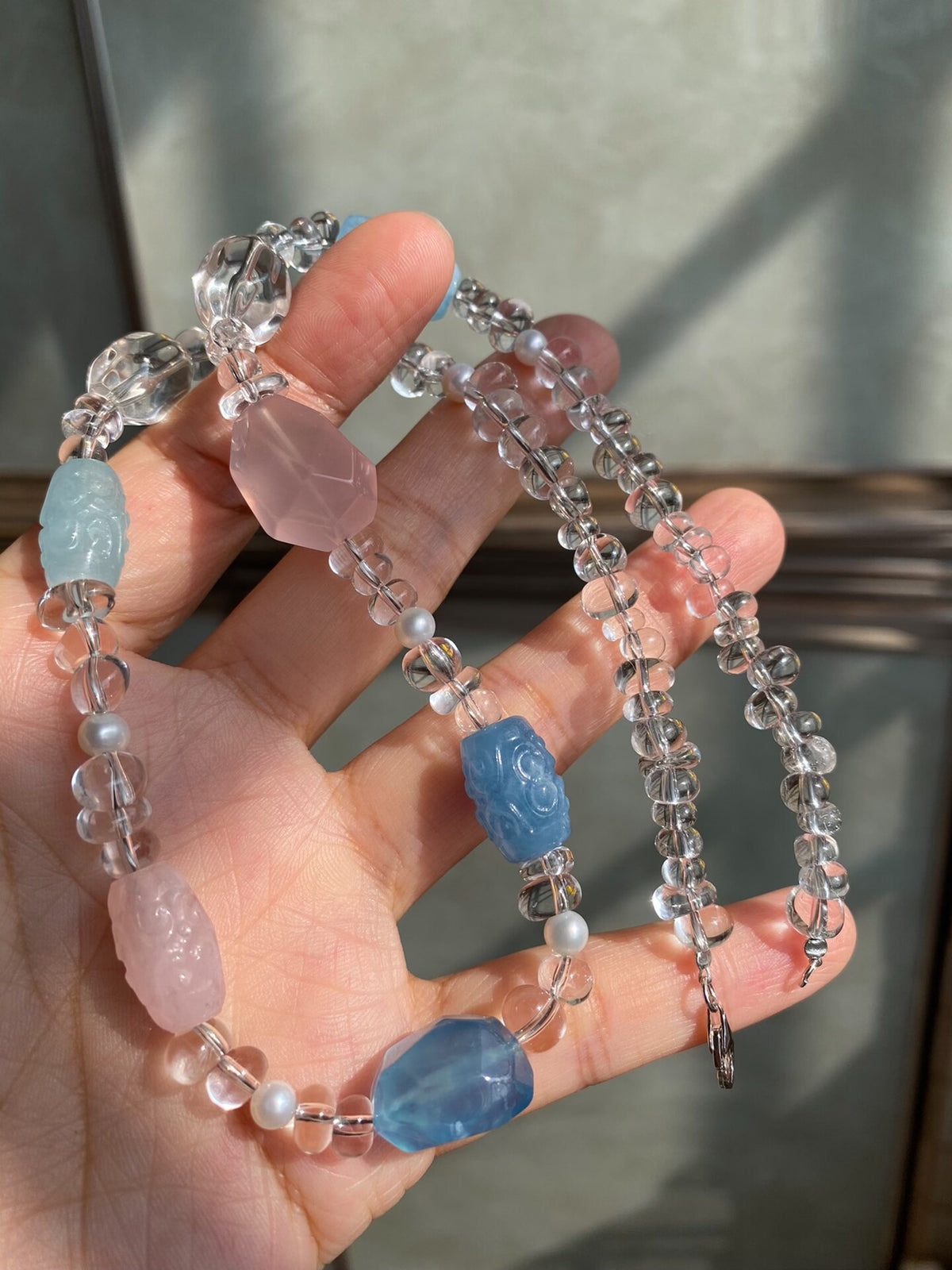 Colar de Cristal, Água-Marinha, Morganite e Pérolas