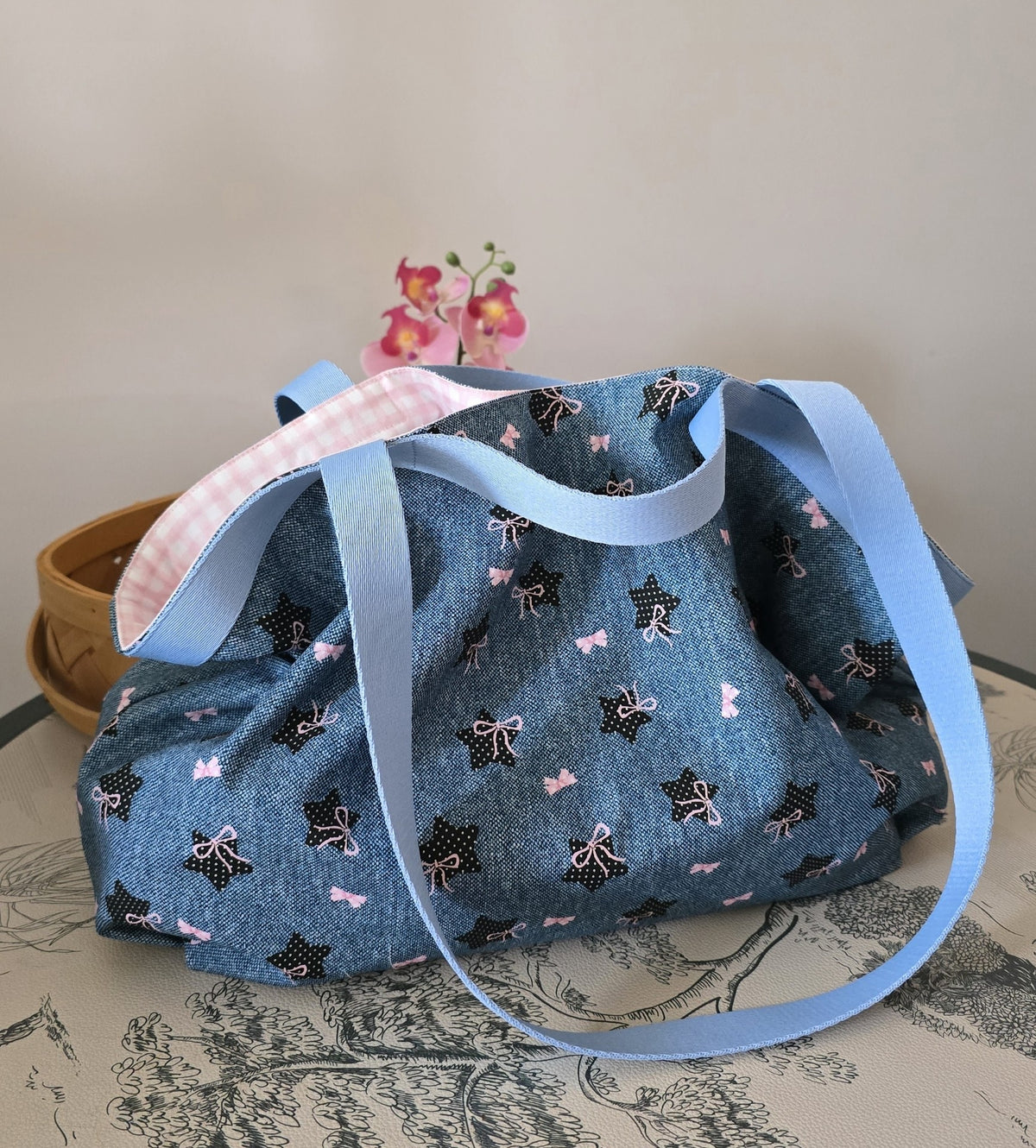 Large Denim Look Tote Bag with Bows