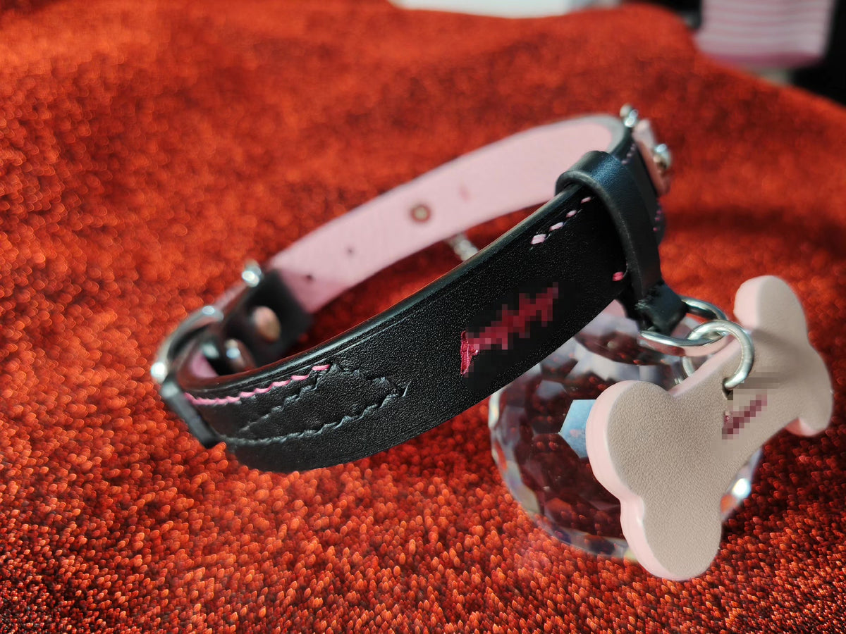 Double Layer Pet Collar Black Pink Leather