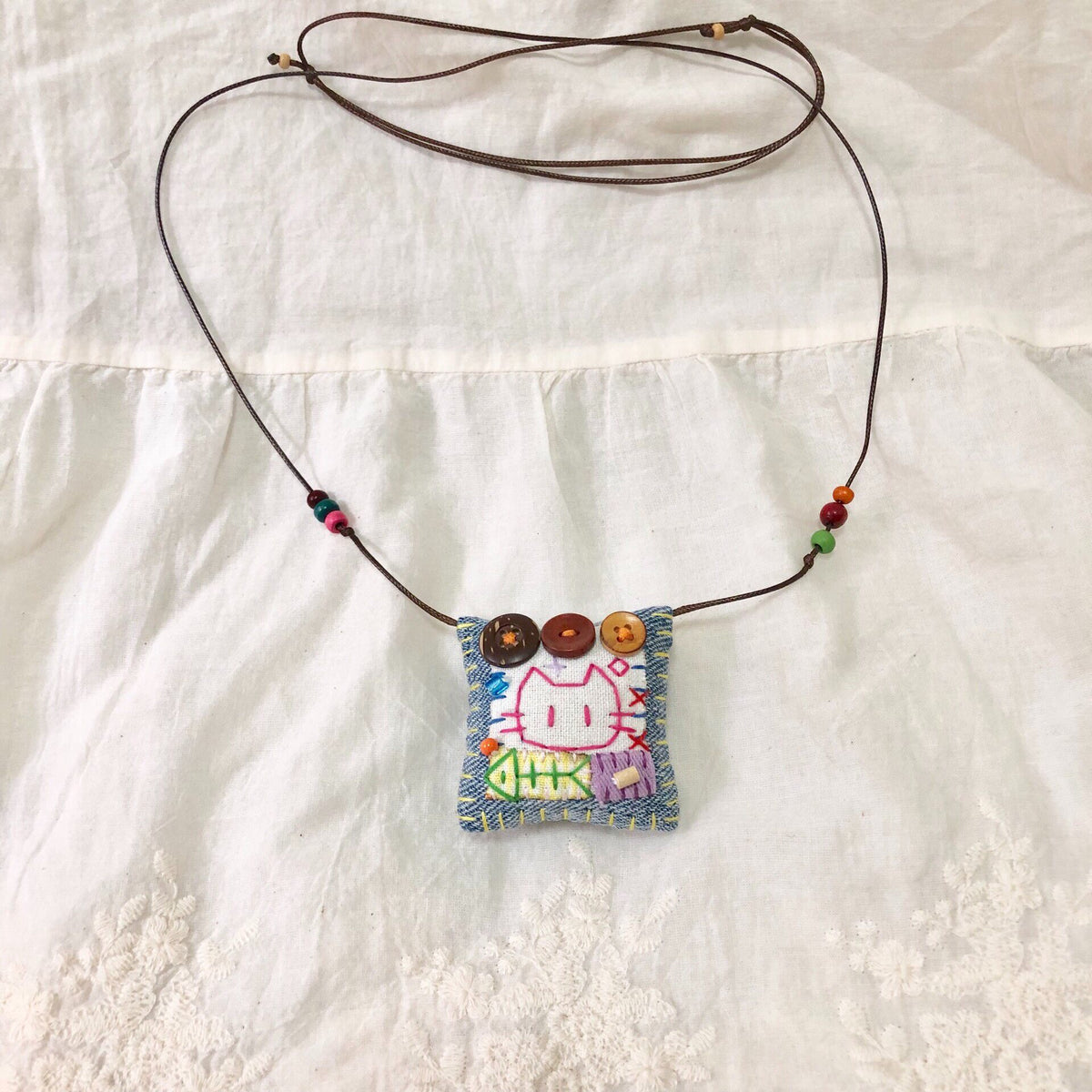 Handmade Cat and Fish Denim Necklace