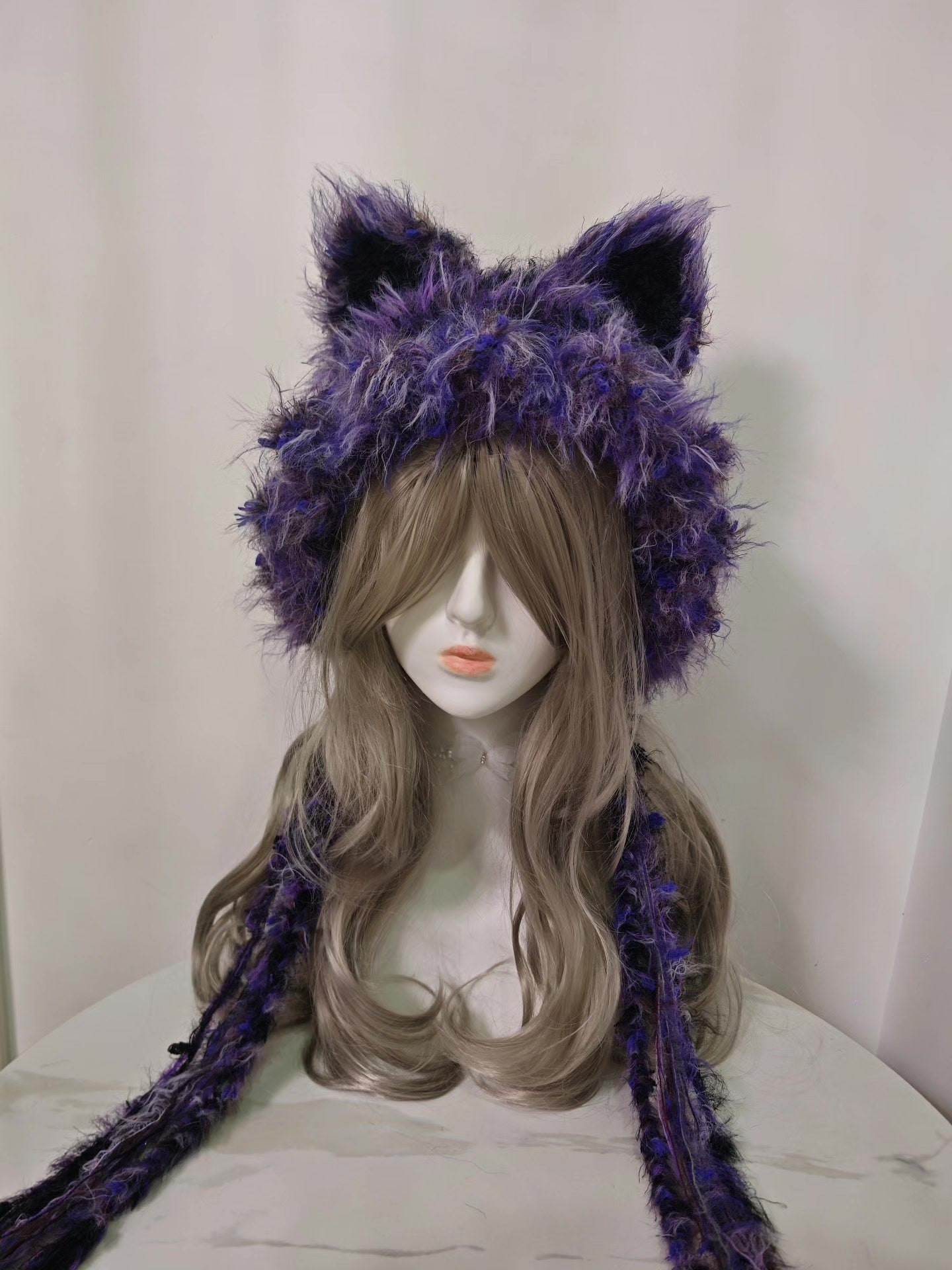 Enchanting Black-Purple Fox Hat with Lifelike Ears and Dangling Strands