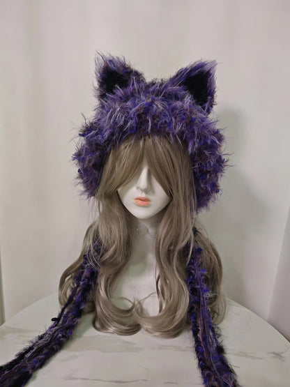 Enchanting Black-Purple Fox Hat with Lifelike Ears and Dangling Strands