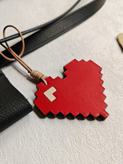 Vegetable-Tanned Leather Pixel Heart Keychain