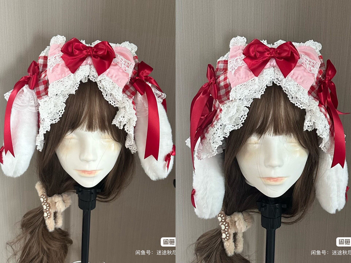 Handmade Lolita Rabbit Ear Headband with Detachable Faux Fur Ears