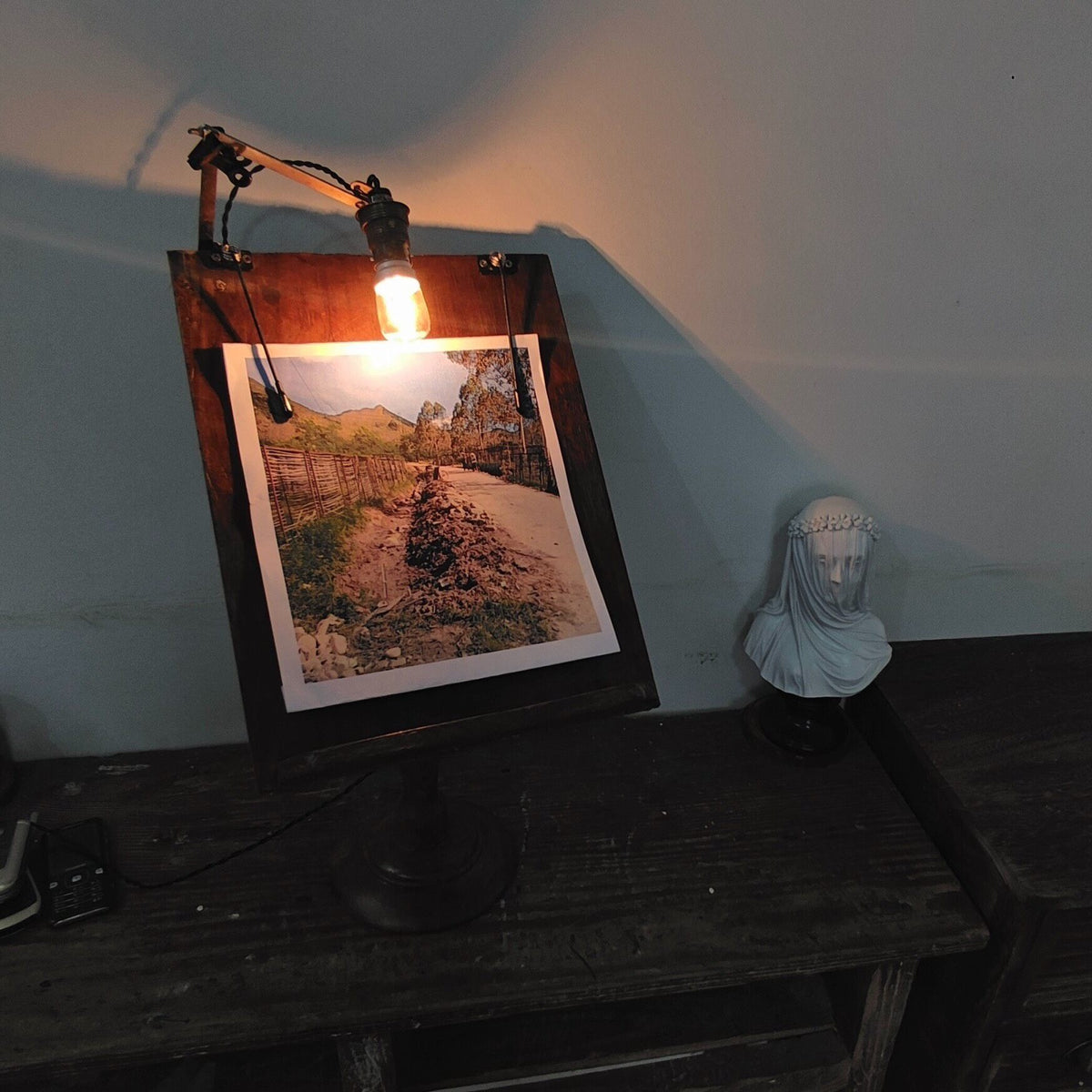Vintage Wooden Book Display Stand with Light