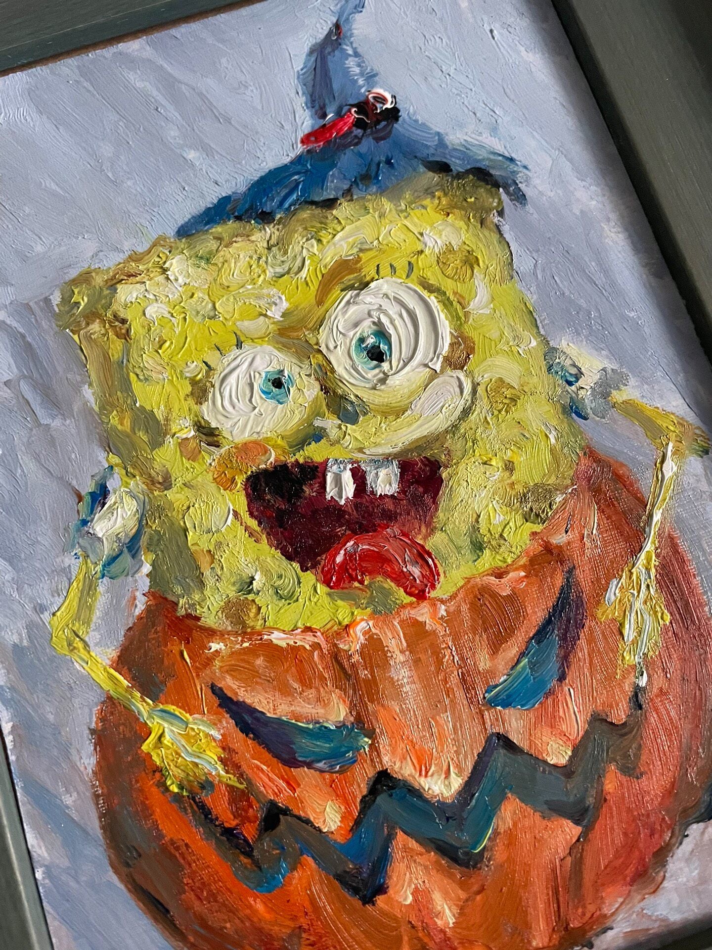 SpongeBob Halloween Themed Hand-Painted Oil Painting Original Artwork Framed Tabletop Decoration