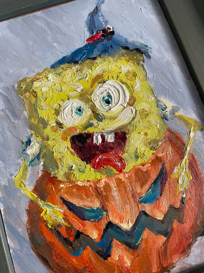 SpongeBob Halloween Themed Hand-Painted Oil Painting Original Artwork Framed Tabletop Decoration