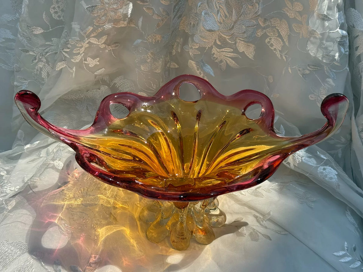 Obstschale aus Glas in Bernstein-Rubin-Vintage-Look