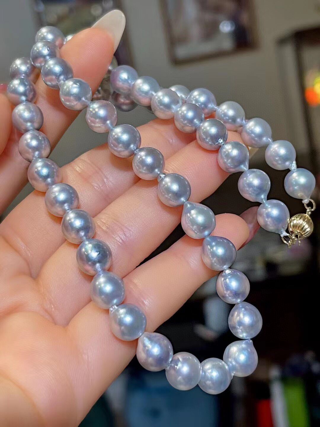 Natural Pearl Necklace, Silver-Grey, 7.5-8mm, 42cm, Gold-Toned Clasp