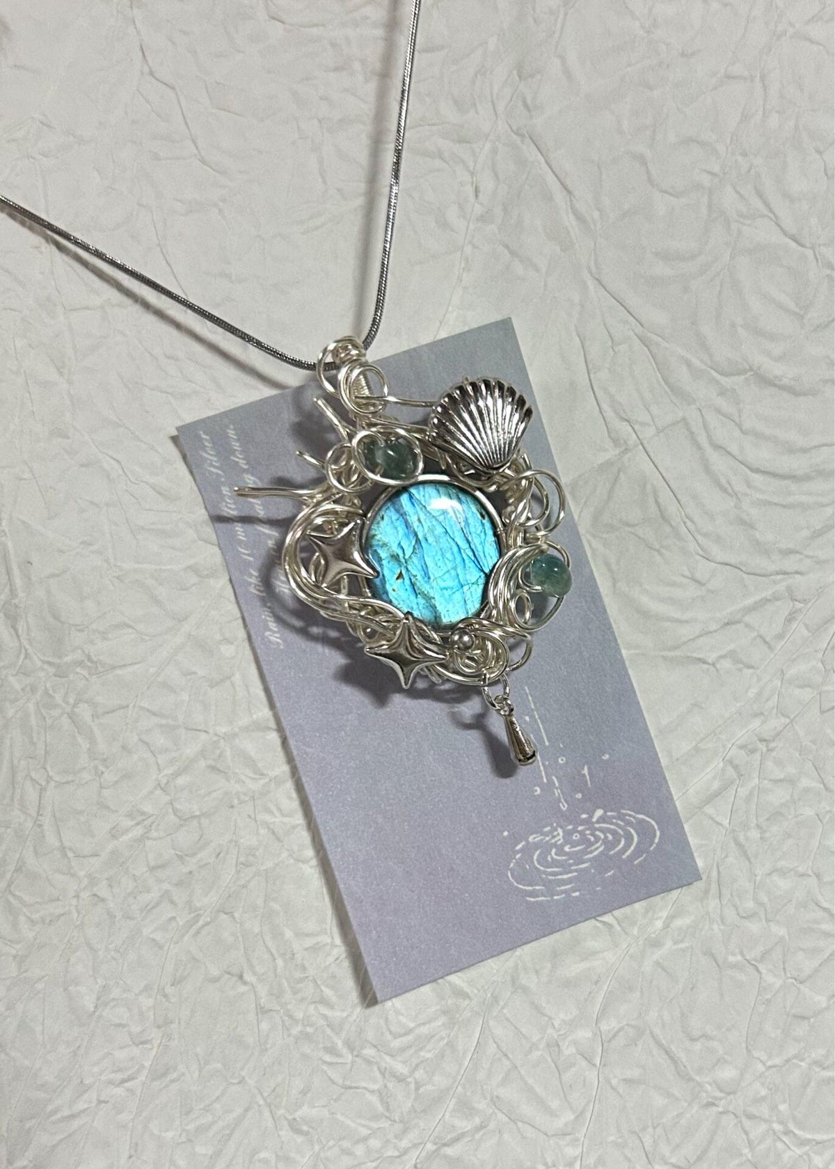 Labradorite Wire Wrapped Pendant with Shell Charm