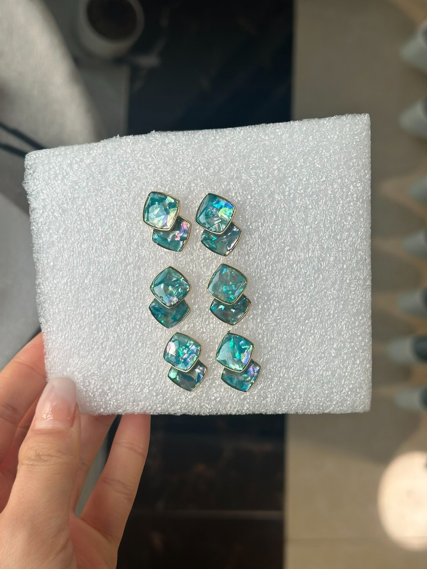 Intangible Cultural Heritage Mother-of-Pearl Geometric Sugar Cube Earrings