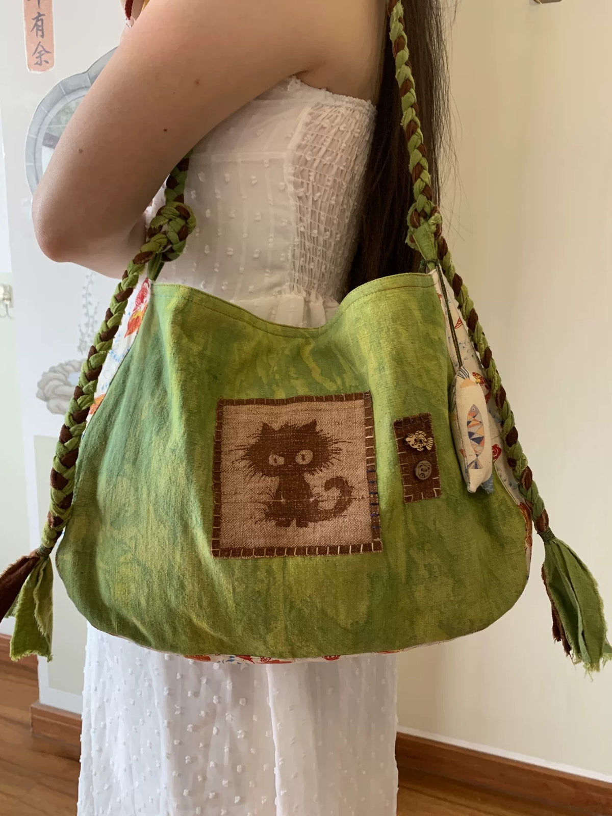 Handmade Green Handwoven Cloth Cat Shoulder Bag