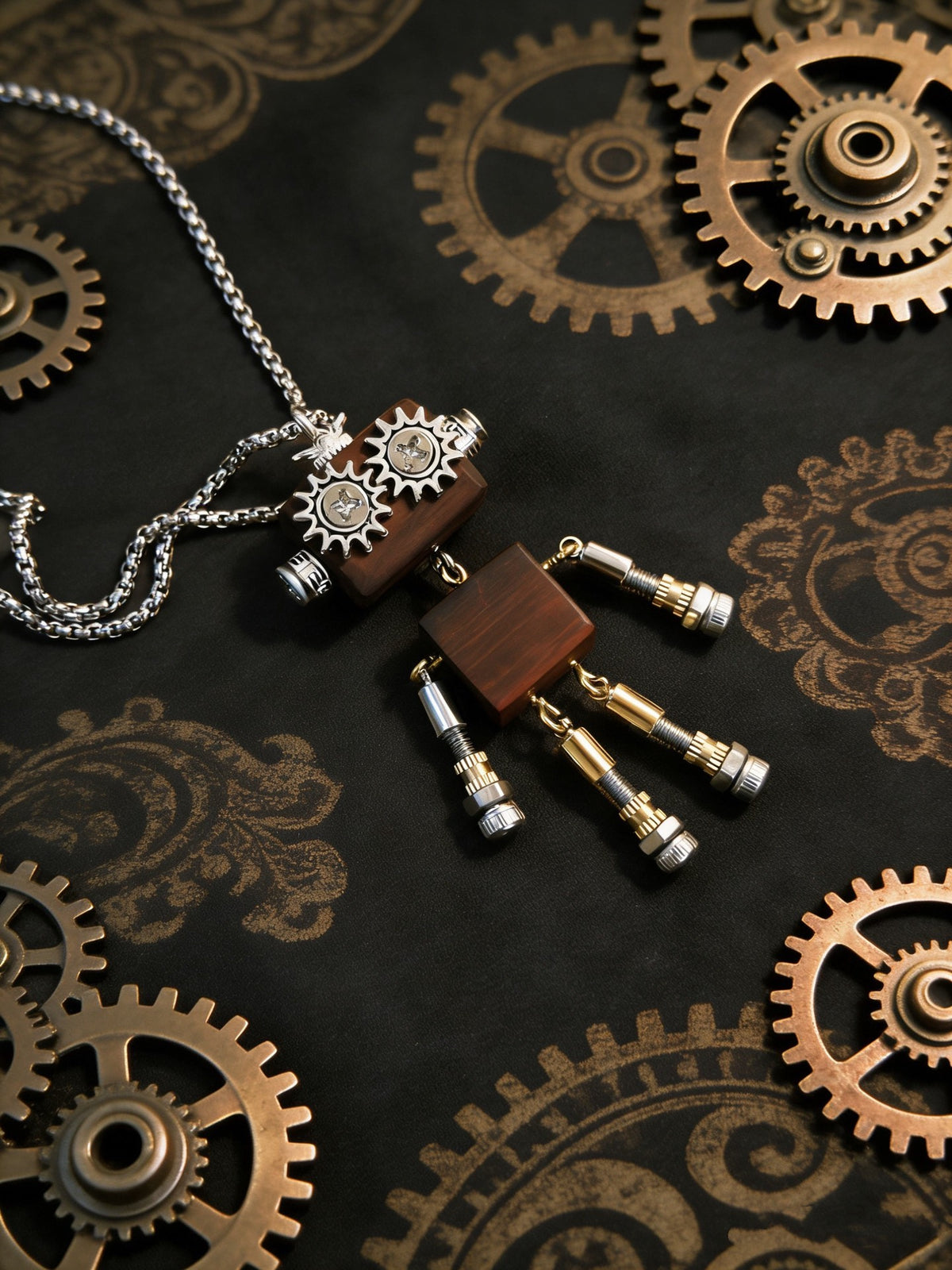 Hänge Halsband i Trä med Robot Steampunk