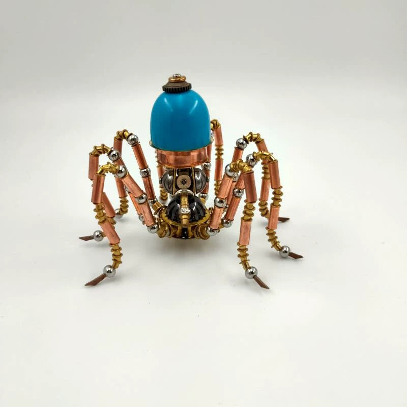 Mekanisk spindel-skulptur i steampunk med cyanblå kupol